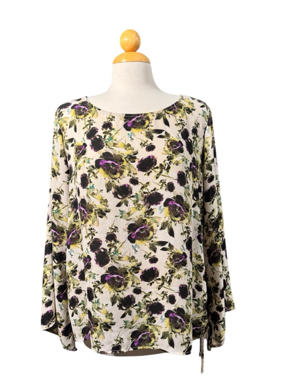 Counterparts Cream Floral Scoop-Neck Blouse with Green & Purple Accents